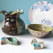 心鳥釉彩陶瓷花瓶＋缽盤精緻系列組(三件組)
